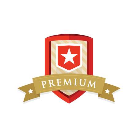 Red glossy label with golden ribbon, stars and text "Premium"のイラスト素材