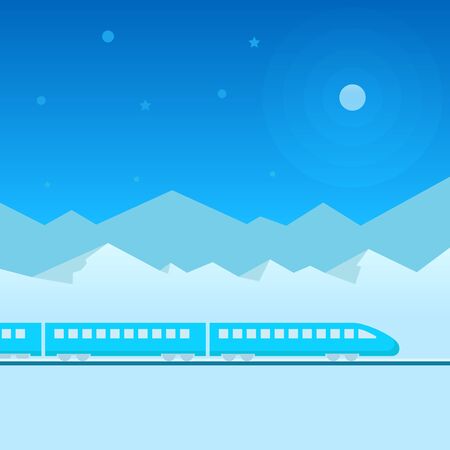 Flat illustration train on railway with outdoor landscape in night. Vector travel concept background.のイラスト素材