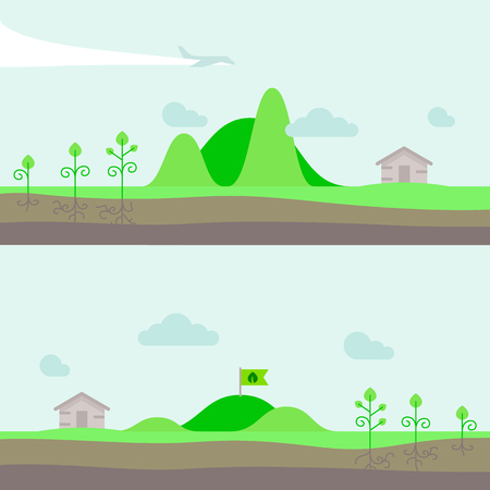Set of panorama natural landscape with hills, garden and house village. Vector illustration in flat style.のイラスト素材