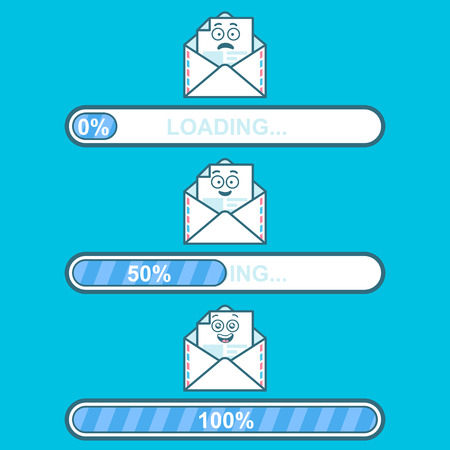 Set of vector downloaders with email cartoon character and text loading. Progress bar and loading emoticon. ui preloader web elements. flat design with character emojiの写真素材