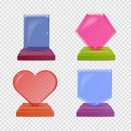 Set realistic glass trophy awards. Colorful illustration isolated for transparency background. Graphic concept for your design. Shield, heart, rectangle, hexagon.の写真素材