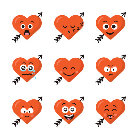 Set of different emoticons emoji heart faces with arrow isolated on the white background. Happy and sad faces. Collection of nine smiles.の写真素材