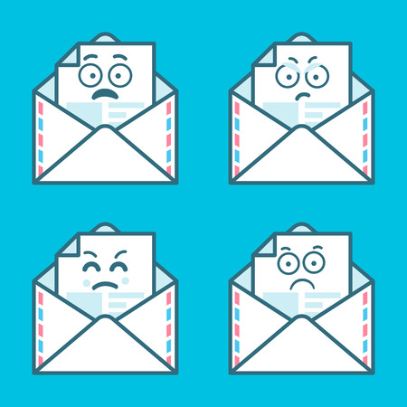 Set of emoji messages in letters. Concept of angry, sad smile. Flat style trend modern logotype graphic design on blue backgroundの写真素材