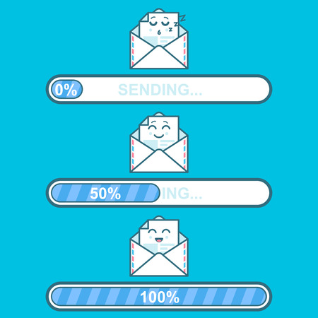 Set of emoji messages in letters with progress sending bar. Concept for website design. Flat style trend modern logotype graphic design on blue backgroundのイラスト素材