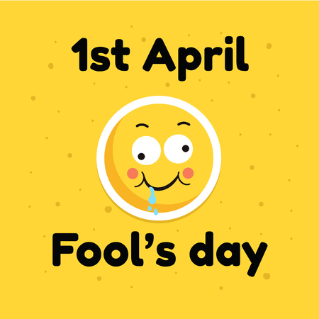 Fool Day April holiday greeting card banner comic emoticon face, flat illustration on yellow backgroundのイラスト素材