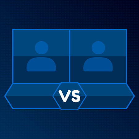 Versus screen with blank square frames. Blue versus board of rivals, with space for photo on dark background.のイラスト素材