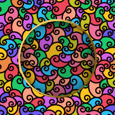 Seamless pattern with multi-colored scribbles. Abstract modern striped curled background with circle in center.のイラスト素材