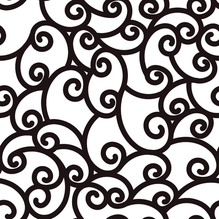 Abstract seamless waving curling lines, black and white backgroundのイラスト素材