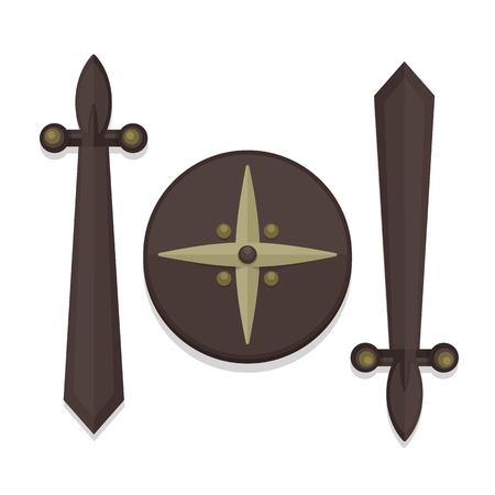 Wood shield and sword design icon in flat style. Vector modern illustrationのイラスト素材