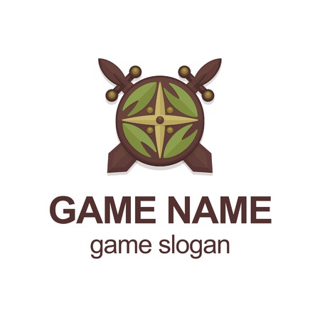 Vector illustration with cartoon viking or knight swords and shield. Game logo template. Vector emblem or logo illustration. Cartoon round shield with wood sword.のイラスト素材
