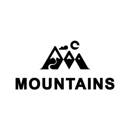Vector mountains with sun and cloud. Mountains with river illustrationのイラスト素材