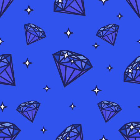 Seamless diamonds pattern. Illustration on blue background. Gem shape and starsのイラスト素材