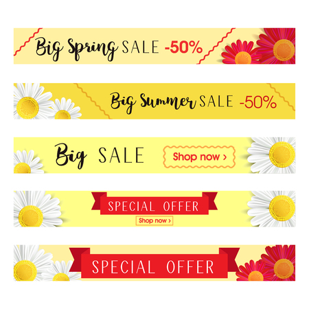 Set of abstract web banner templates with floral background. Big sale and special offer banners. Long size banners.のイラスト素材