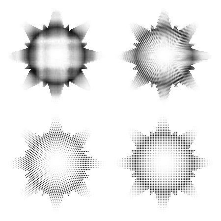 Set halftone sun or stars rays to pop art compositions. Vector illustrationのイラスト素材