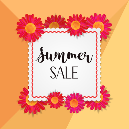 Red flowers banner with black Summer Sale text sign. Vector illustration for banner template.のイラスト素材