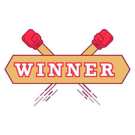 Label with white letters in the word winner with red boxing gloves. Vector illustration isolated on white background.のイラスト素材