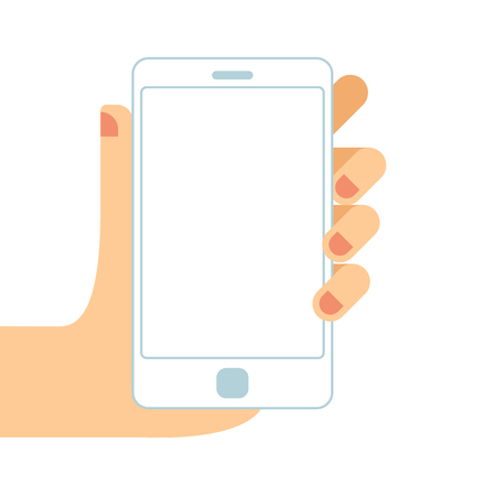 Hand holding white smartphone. Touching blank white screen. Flat design concept vector illustrationのイラスト素材