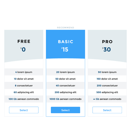 Collection of pricing plans for websites and applications. Hosting table banner. Vector illustrationのイラスト素材