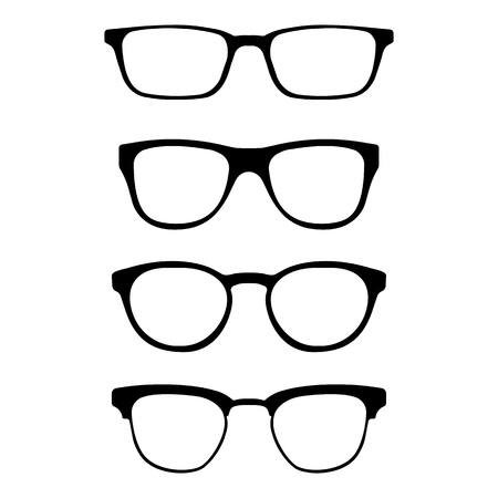 Set of glasses isolated on white background. Vector glasses model icons. Sunglasses silhouettes. Various shapes illustration.のイラスト素材