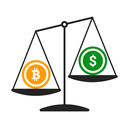 Bitcoin vs dollar vector concept with balance scales. Flat design vector illustration isolated on white background.のイラスト素材