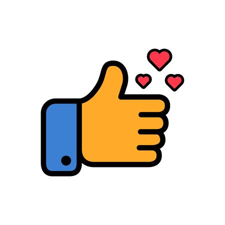 Thumbs up and hearts sign colorful flat vector icon. Simple button with user feedback for social network, mobile app or web site designの写真素材