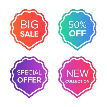 Colorful vector sale tags and badges set. Big sale, special offer, price off, new collection badges. Promotion banner templatesのイラスト素材