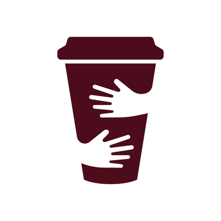 Vector coffee cup and hands logo. Cafe symbol. Unique restaurant logotype design template. Hug cupのイラスト素材