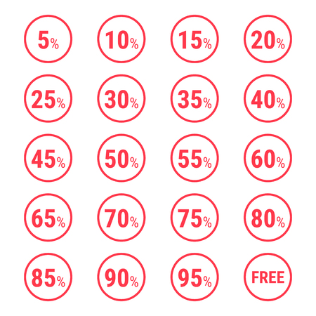 Sale set of badges with different percent off price on circle red label. Collection of vector promotion badgesのイラスト素材