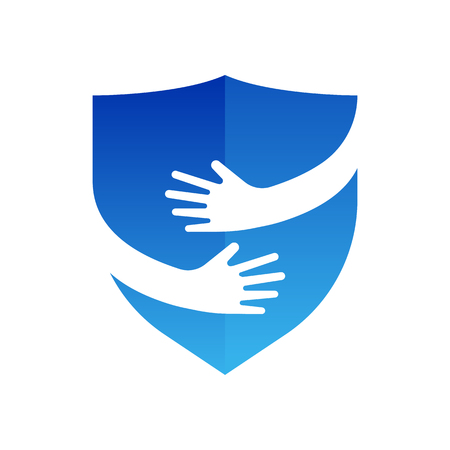 Hands and shield logo. Abstract logo design. Security and embrace symbol or icon. Unique protect and defense logotype design template.のイラスト素材