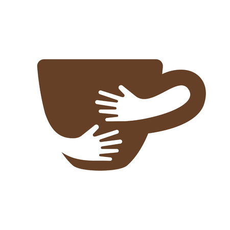 Creative coffee cup and hands logo design. Cafe or restaurant symbol. Unique logotype design template. Hug cup vector illustrationのイラスト素材