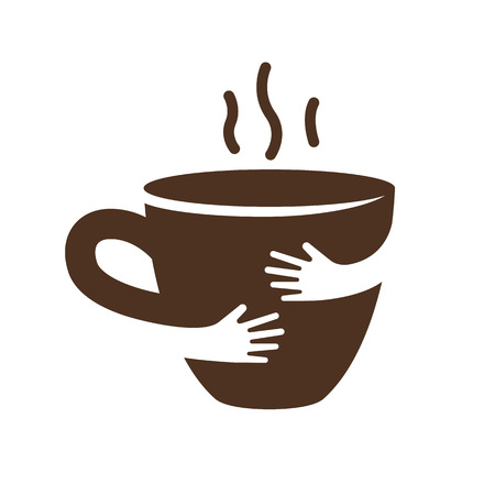 Creative coffee or tea cup and hands logo design. Cafe or restaurant symbol. Unique logotype design template. Hug hot cup vector illustrationのイラスト素材