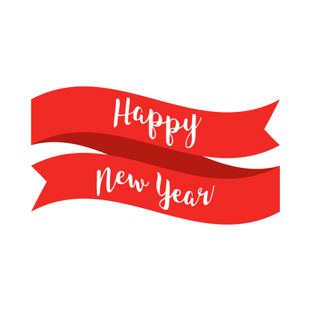 Happy New Year text with red ribbon on white background. Vector illustration in flat stylized design for web, banner, poster, print, greeting cardのイラスト素材