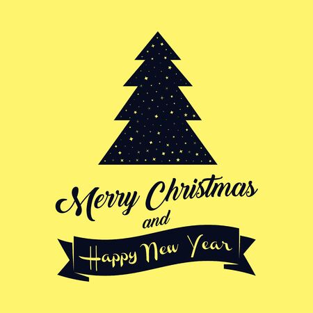 Merry Christmas and Happy New Year banner or greeting card with tree and stars. Vintage background with typography and ribbonのイラスト素材