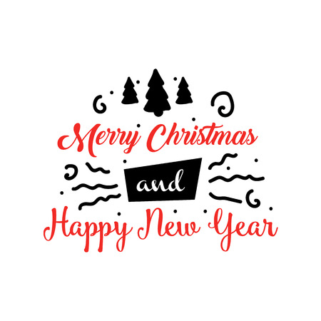 Banner or greeting card for Merry Christmas and Happy New Year. Celebration background with calligraphy, lines and xmas treesのイラスト素材