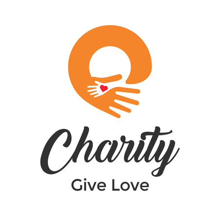 Abstract vector logo heart in a hand. Hand in hand with negative space modern logo design vector illustrationのイラスト素材