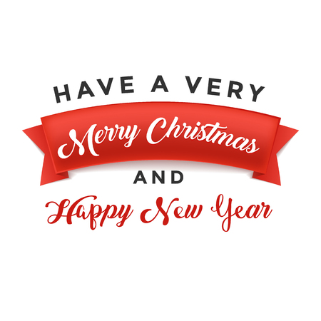 Red realistic detailed paper Have a Very Merry Christmas banner isolated on white background. Happy New Year banner with ribbon. Vector illustrationのイラスト素材