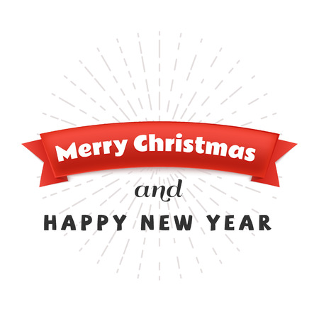 Red paper ribbon with text Merry Christmas and Happy New Year banner isolated on white background. Vector illustrationのイラスト素材