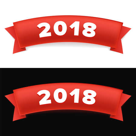 Happy New Year 2018. New year red ribbon with number 2018 on white and black background. Set vector illustrationのイラスト素材