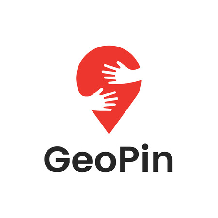Pin with hands hug design template. Hand hug in map pin vector illustrationのイラスト素材