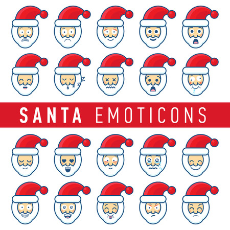 Cartoon set of different Santa Claus faces. Collection of Santa emoticons vector illustration.のイラスト素材