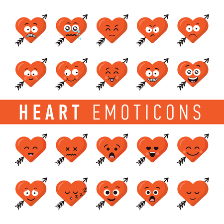Set of flat design style heart emoticons. Valentines day hearts emoticon icon set.のイラスト素材
