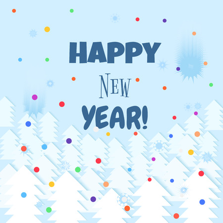 Happy New Year vector greeting card template with typography for holidays above wooden backdrop.のイラスト素材