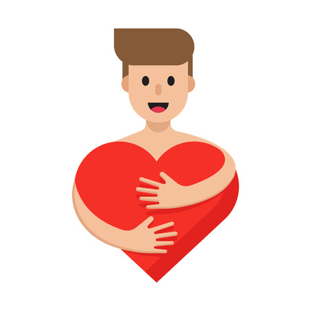 Happy man hugging red heart. Character and heart, flat vector illustration.のイラスト素材