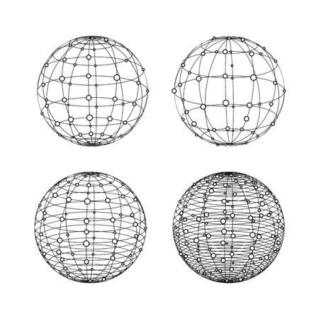 Wireframe spheres set. Globe symbols with dotsのイラスト素材