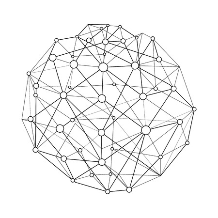 Vector illustration wireframe connecting sphere with dots and circles. Globe structure connection. Global networkのイラスト素材