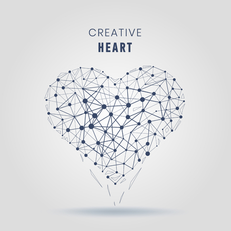 Geometric heart molecular connections with lines and dots wireframe. Vector illustrationのイラスト素材