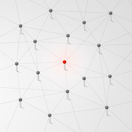 Geometric background. Grey lines connected with red dot standing out. Vector illustration. Network connection concept.のイラスト素材