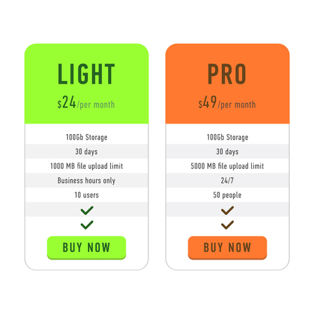 Two template pricing tables. Editable plans in flat design style for websites and applications.のイラスト素材
