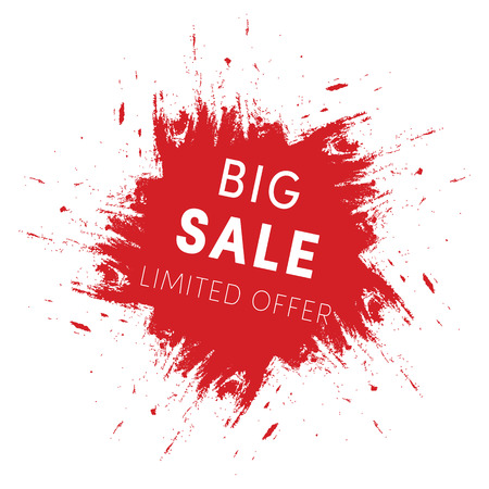 Red ink splash, big sale tag template. Limited offer sign isolated on white background. Discounts stamp vector illustrationのイラスト素材