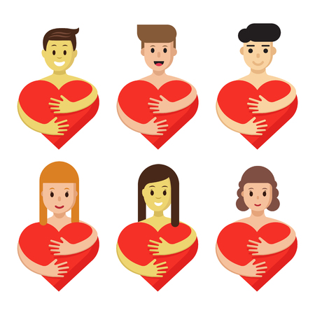 Set of characters hugging heart. Cartoon people hold red love symbols isolated. Creative flat logos collectionのイラスト素材
